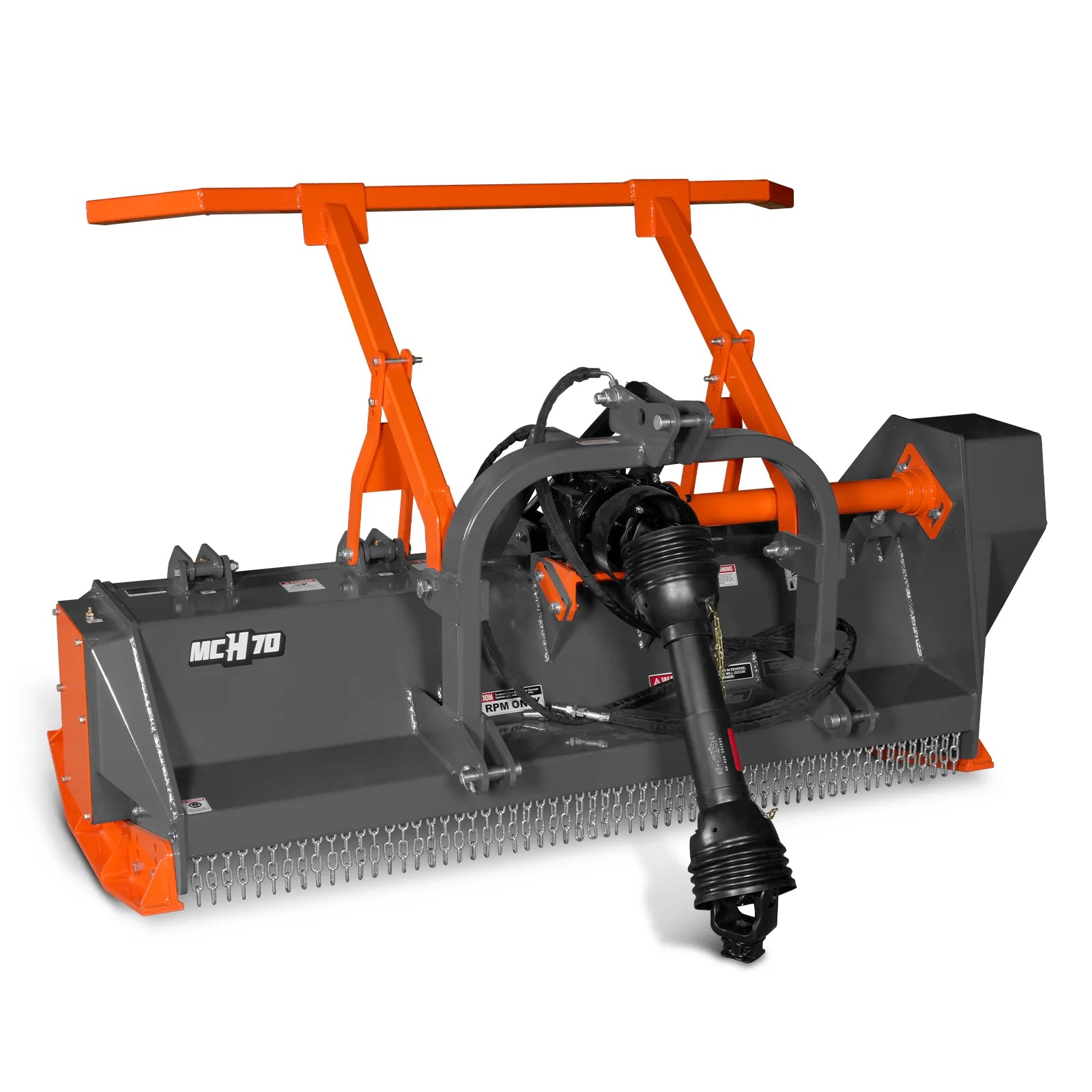 Orange and black brush cutter attachment with wide deck, front chain curtain, orange support bars, and PTO shaft