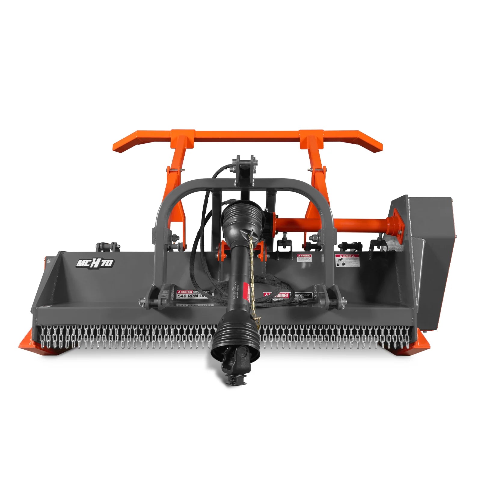 Orange and black brush cutter attachment with PTO shaft, chain curtain, wide cutting deck, and protective side guards