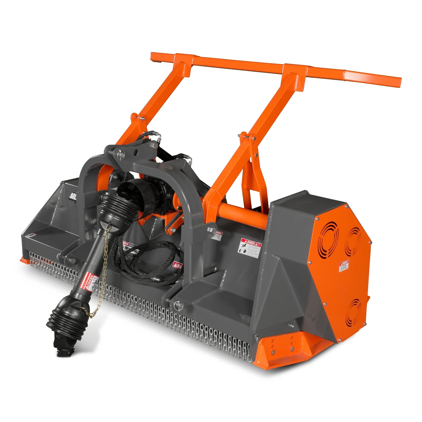 Orange and gray PTO mower attachment with chain curtain, protective side housing, and three point hitch frame
