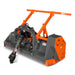 Orange and gray PTO mower attachment with chain curtain, protective side housing, and three point hitch frame