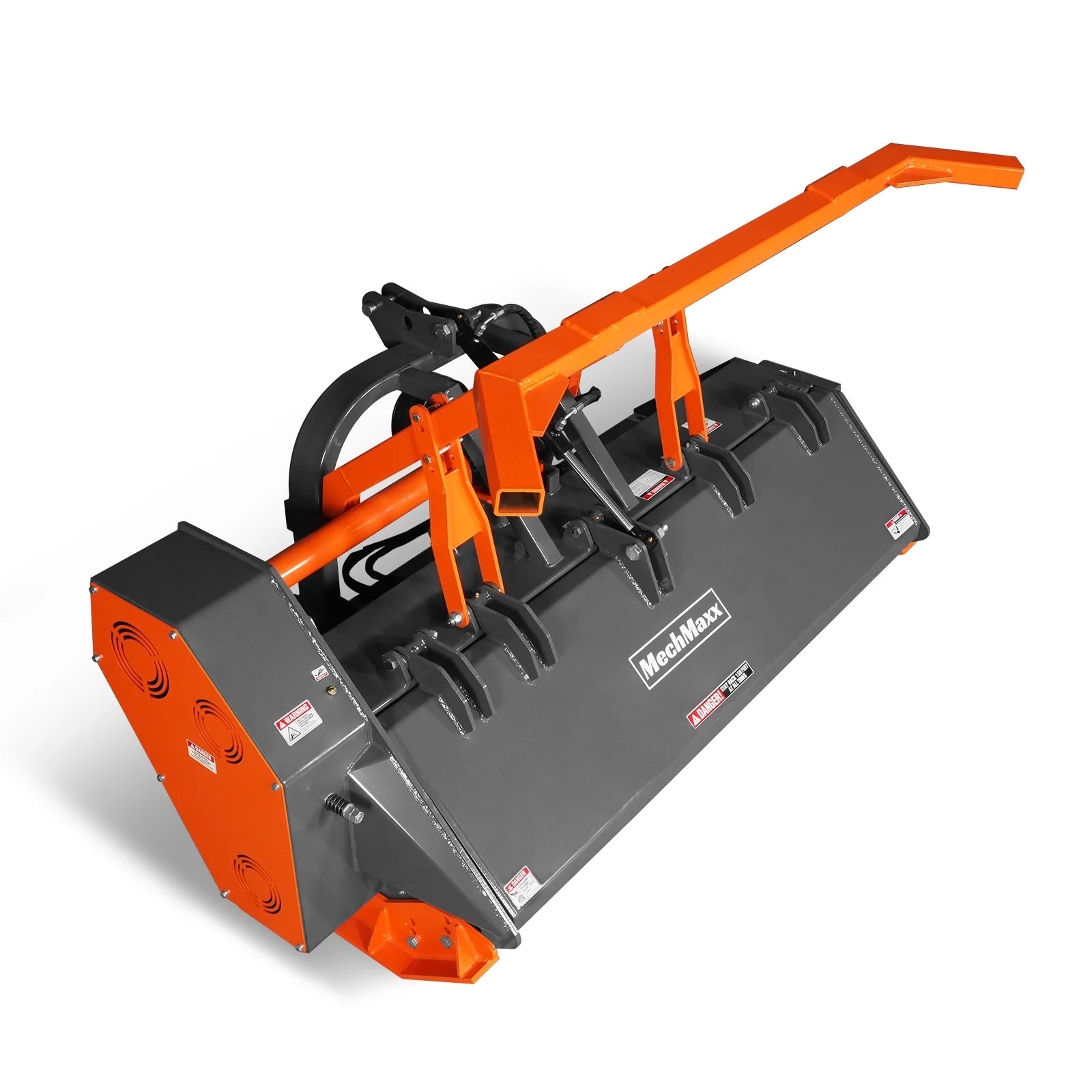 Orange and black mower attachment with PTO shaft, wide cutting deck, side guard, and raised hitch frame