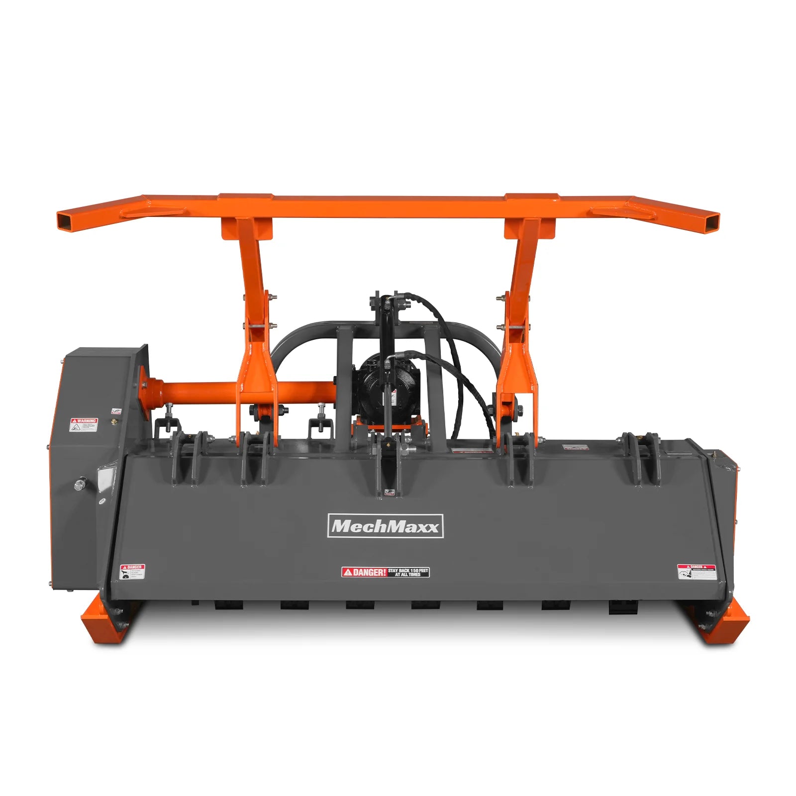 Orange and black mower attachment with wide deck, raised hitch frame, hydraulic hoses, and protective side guards