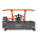 Orange and black mower attachment with wide deck, raised hitch frame, hydraulic hoses, and protective side guards