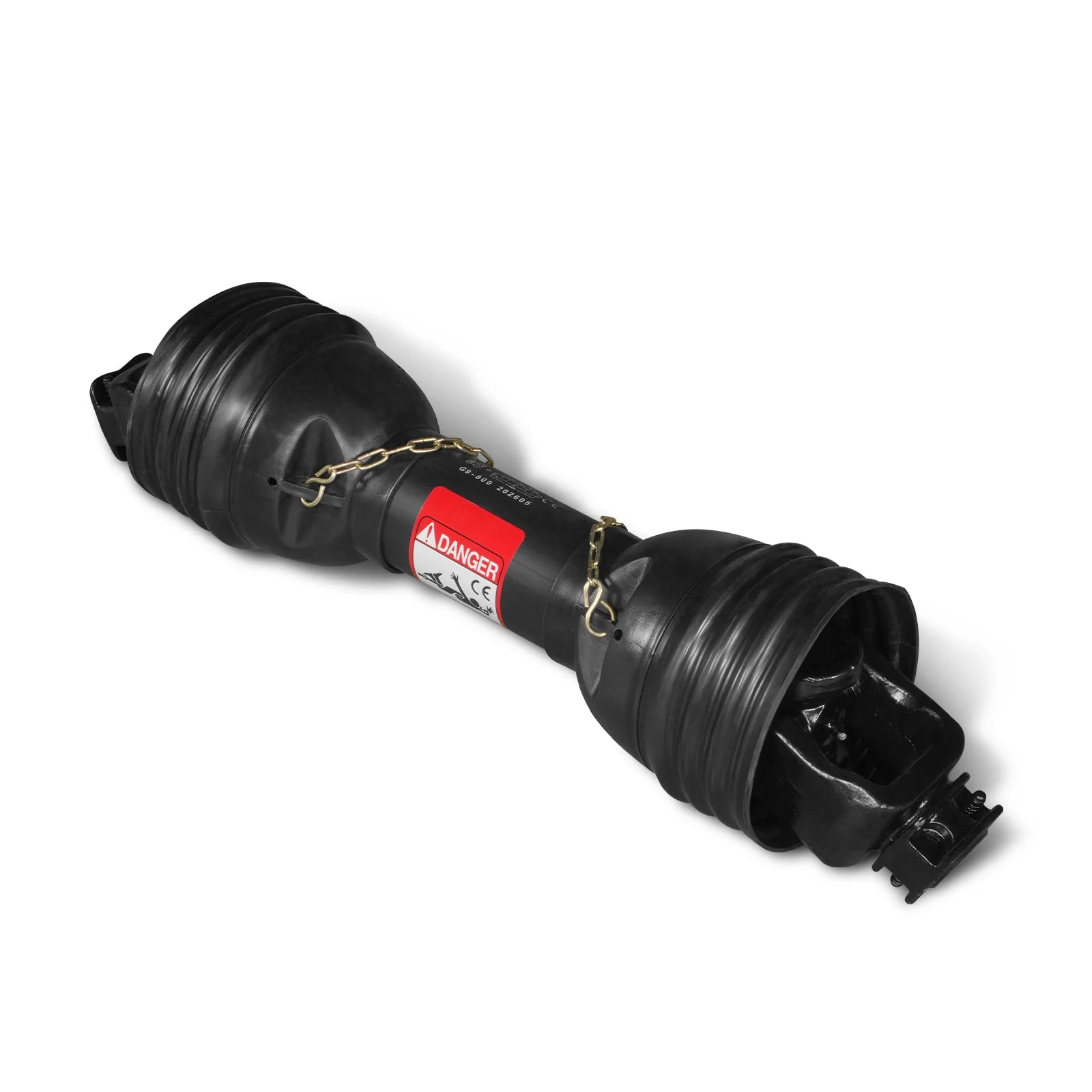 Black PTO driveline shaft guard with safety chains, warning label, and exposed universal joint