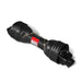 Black PTO driveline shaft guard with safety chains, warning label, and exposed universal joint