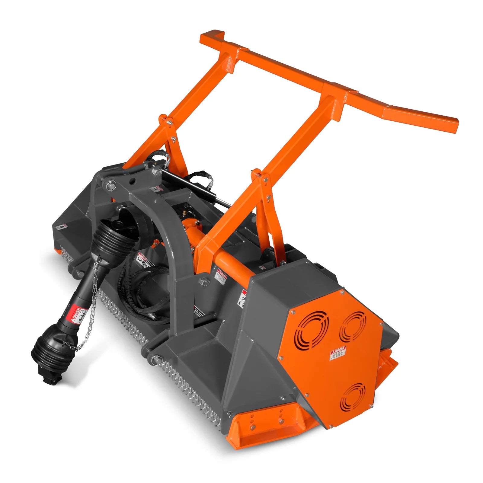 Orange and black PTO brush cutter with enclosed deck, chain curtain, protective housing, and raised hitch frame