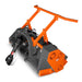 Orange and black PTO brush cutter with enclosed deck, chain curtain, protective housing, and raised hitch frame