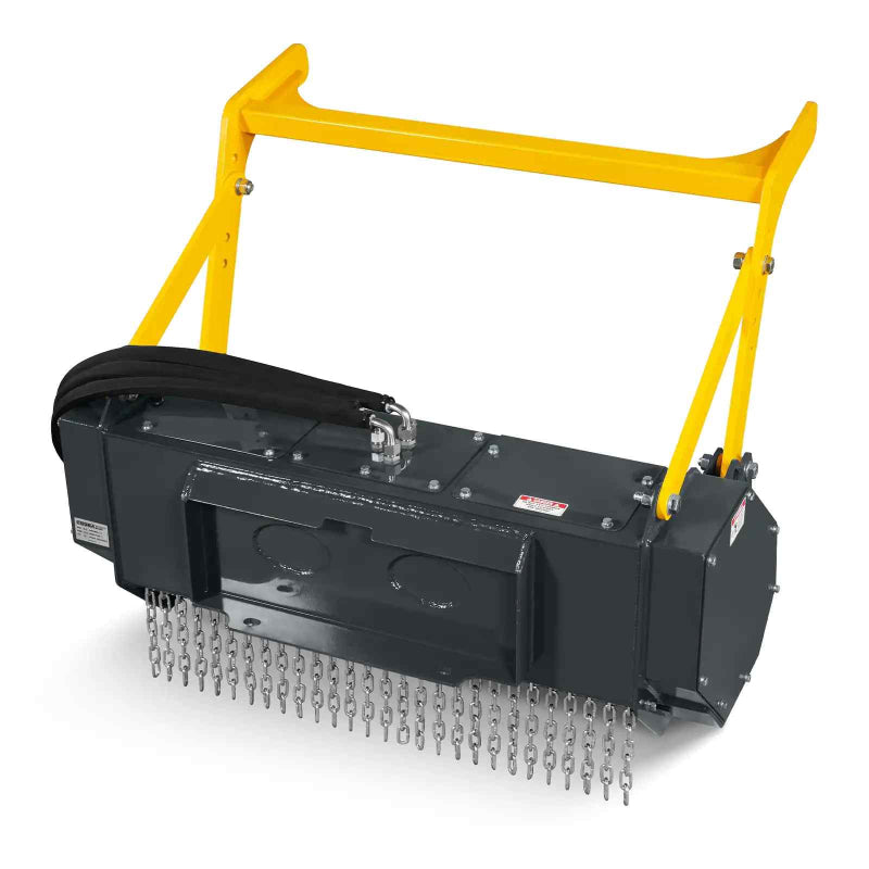 MechMaxx MCH37 mini skid steer drum forestry mulcher with yellow mounting frame and chain guard gallery position 1