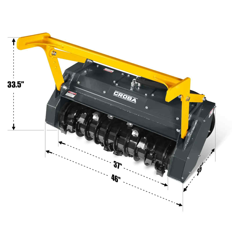 MechMaxx MCH37 forestry mulcher showing overall dimensions with yellow mounting frame gallery position 1