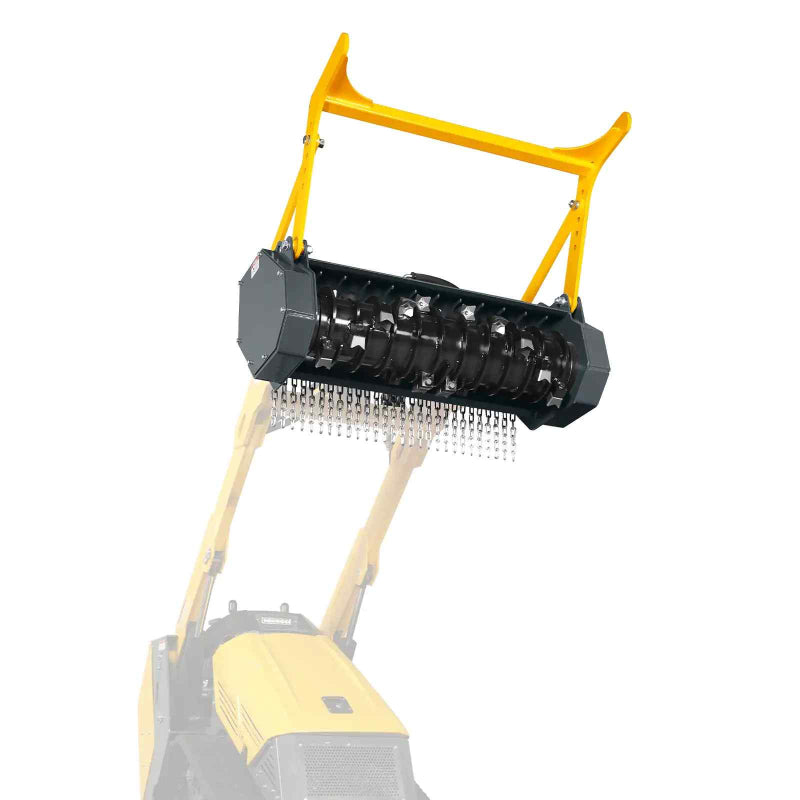 MechMaxx MCH37 mini skid steer drum forestry mulcher attachment lifted above loader gallery position 1