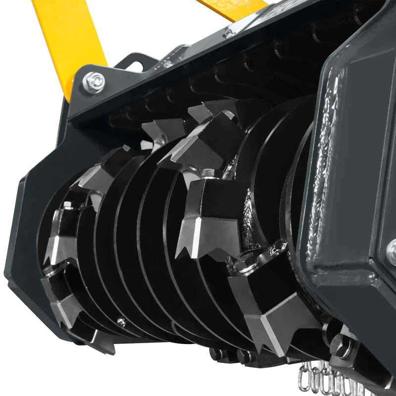 Close-up view of the MCH37 mini skid steer forestry mulcher drum with cutting blades and yellow mounting arms gallery position 1