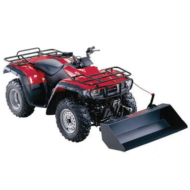 Red ATV equipped with black Swisher 44-inch Universal Dump Bucket attachment, gallery position 1