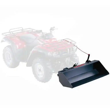 Red ATV attached to 44-inch universal dump bucket with mounting hardware visible, gallery position 1