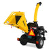 Rear view of MechMaxx 5 inch disc wood chipper with open feed chute, rotating discharge chute, and tow hitch gallery position 1