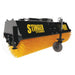 Black skid steer attachment with yellow rotating bristles and a caster wheel on a white background