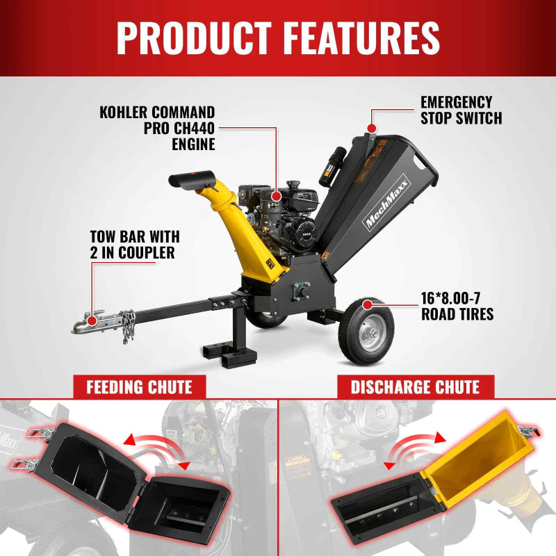 MechMaxx 5 inch Kohler 429cc wood chipper highlighting engine, tow bar, emergency stop, tires, feeding and discharge chutes, gallery 1