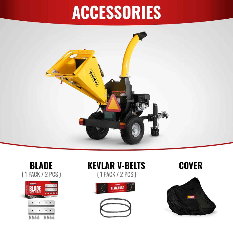 Rear view of MechMaxx 5 inch disc wood chipper with tow hitch and replacement blades, Kevlar V-belts, and protective cover accessories gallery 1
