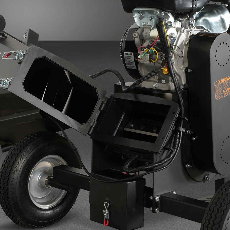 MechMaxx 5 inch Kohler 429cc wood chipper showing open access panel and engine components, gallery position 1
