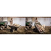 Side-by-side images of green utility vehicle towing Swisher 16 cu ft poly cart loaded with logs at lakeside, gallery position 1