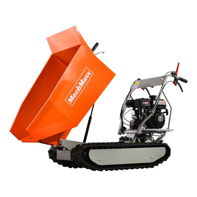 Side view of MechMaxx D50MA track mini dumper with raised orange dump bucket, gallery position 1