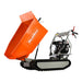 Side view of MechMaxx D50MA track mini dumper with raised orange dump bucket, gallery position 1