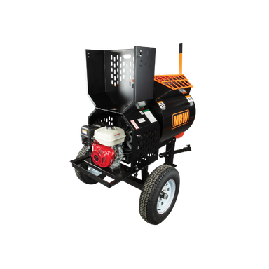 Tow-behind chipper shredder with red and white engine, black hopper, orange safety guard, and pneumatic tires on white background