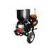 Tow-behind chipper shredder with red and white engine, black hopper, orange safety guard, and pneumatic tires on white background