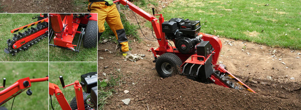 Operator using red MechMaxx 420cc E-Start trencher digging a shallow trench, gallery position 1