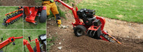 Operator using red MechMaxx 420cc E-Start trencher digging a shallow trench, gallery position 1