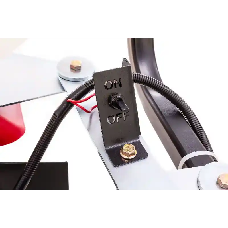 Close-up of Swisher ATV Commercial Pro Spreader electric on/off toggle switch with wiring and mounting plate, gallery position 1