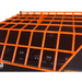 Orange metal safety grate with welded square bars mounted over a black equipment housing panel