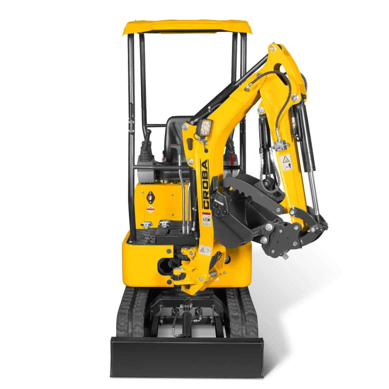 front view of yellow MechMaxx MEC10 mini excavator with folded arm and digging bucket positioned for gallery 1