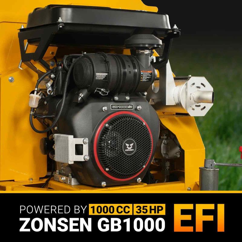 Close-up of ZONSEN GB1000 1000CC 35HP EFI engine mounted on yellow MechMaxx DCH7 hydraulic wood chipper, gallery position 1