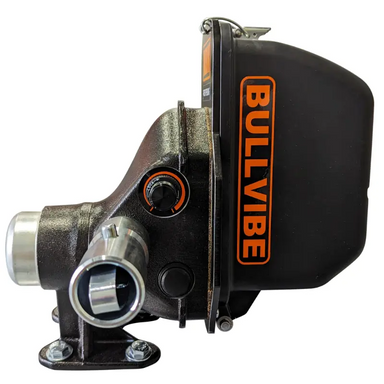 Close-up view of black steel vibratory concrete bull float attachment with orange BullVibe branding and mounting flange
