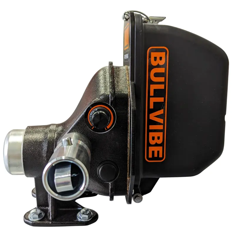 Close-up view of black steel vibratory concrete bull float attachment with orange BullVibe branding and mounting flange