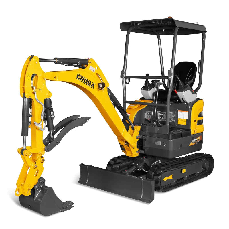 side angle of yellow MechMaxx MEC17 mini excavator with open operator canopy and rubber tracks gallery position 1