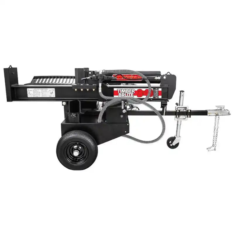 Side profile of Swisher 34-Ton Timber Brute 14.5 HP log splitter with tow hitch and hydraulic components, gallery position 1