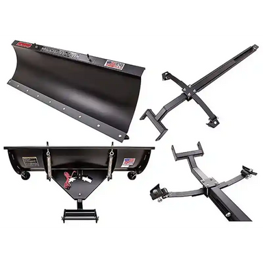 Black 62-inch Swisher UTV plow blade with spring mounts, wiring harness, and adjustable mounting frame, gallery position 1