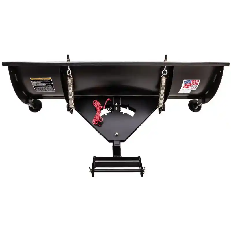 Front view of Swisher 62-inch UTV plow blade with tension springs, angle adjustment indicator, and caster wheels, gallery position 1