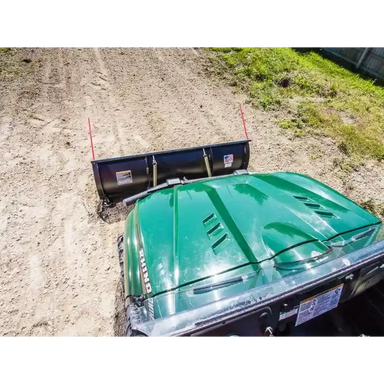Front view of green UTV with black 62-inch Swisher UTV angle plow attached, gallery position 1