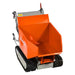 Front angle of orange MechMaxx D50MA track mini dumper with empty bucket, gallery position 1