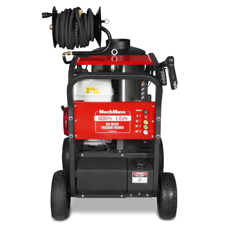 Front view of MechMaxx HPW40H hot water pressure washer showing control panel, hose reel, and four wheels