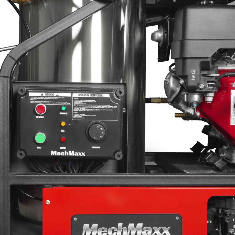 Close-up of control panel with indicator lights and temperature dial alongside Honda GX390 engine on MechMaxx HPW40H gallery 1