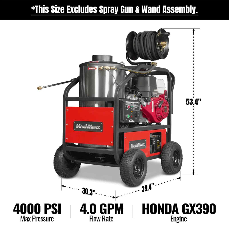 MechMaxx HPW40H hot water pressure washer with hose reel, Honda GX390 engine, and steel frame with dimensions shown