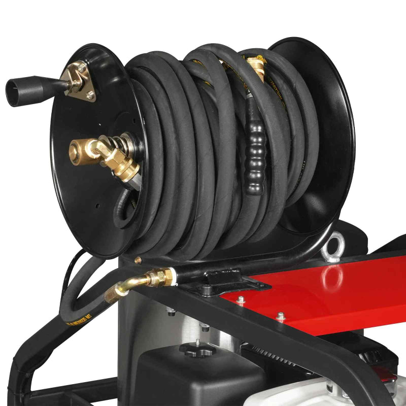 Close-up of hose reel with coiled black hose and brass fittings on MechMaxx HPW40H pressure washer gallery position 1