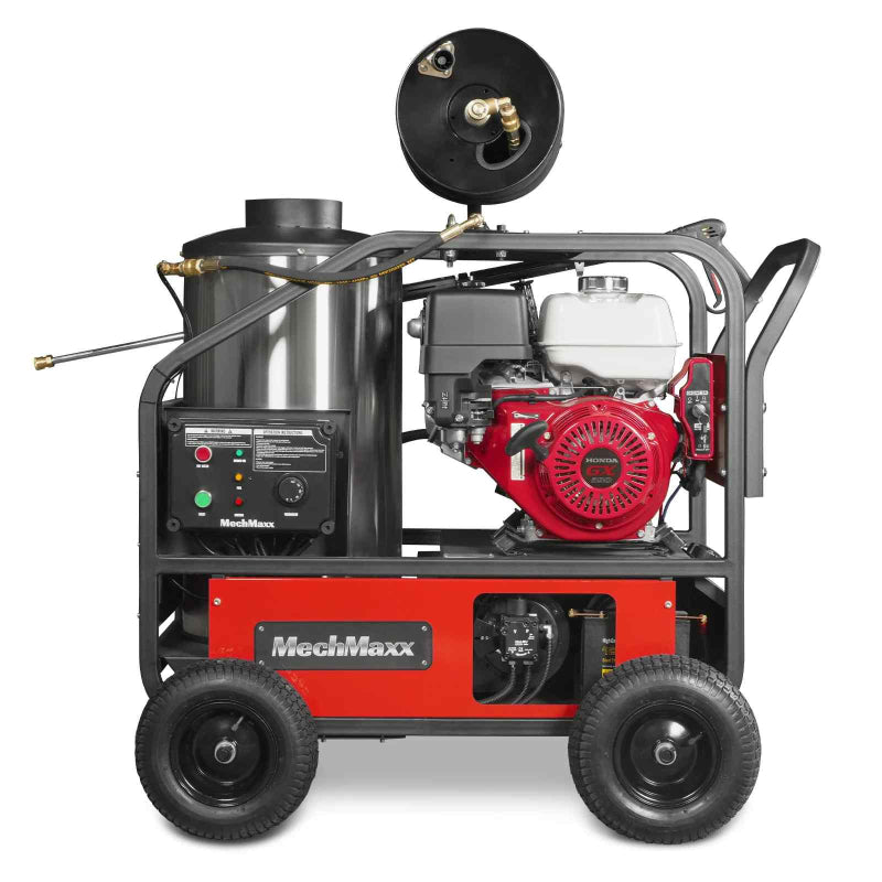 Side view of MechMaxx HPW40H hot water pressure washer with Honda GX390 engine and hose reel gallery position 1