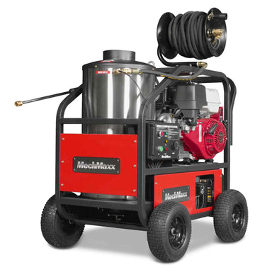 MechMaxx HPW40H hot water pressure washer with Honda GX390 engine, hose reel, and steel frame gallery position 1