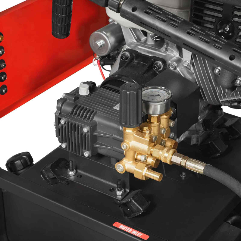 Close-up of brass pump and pressure gauge on MechMaxx HPW40H hot water pressure washer gallery position 1
