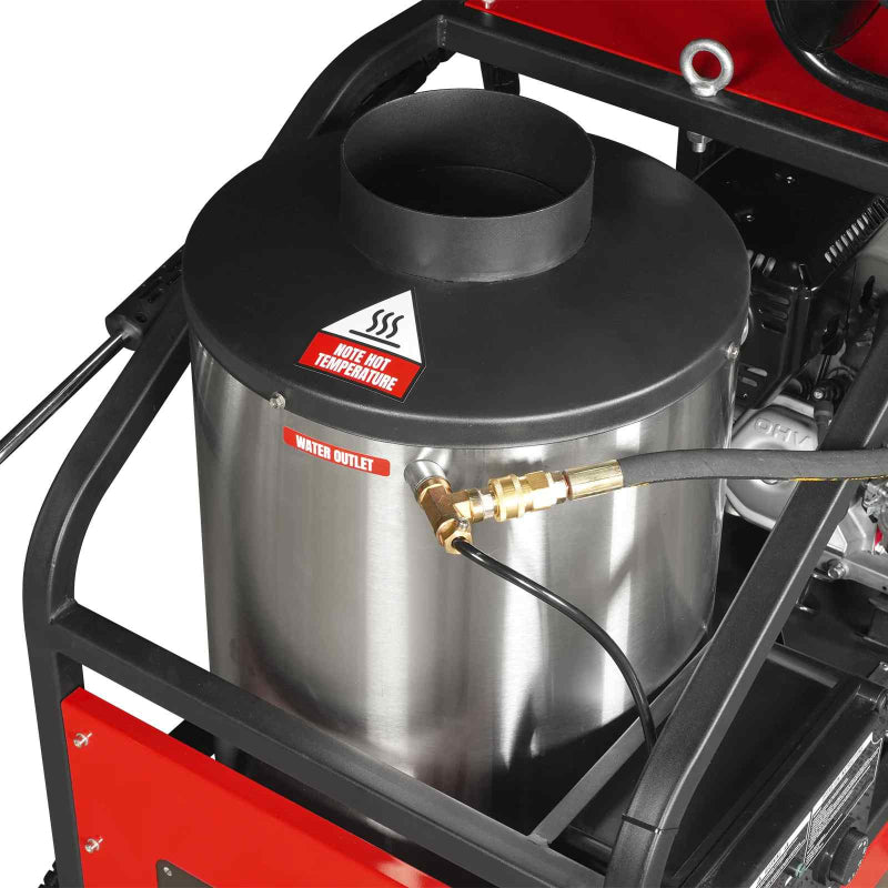 Close-up of stainless steel heater tank and water outlet with hose connection on MechMaxx HPW40H pressure washer gallery 1