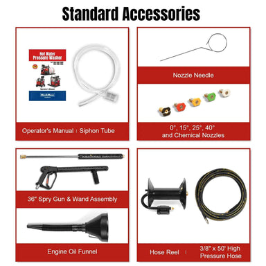 Operator's manual, siphon tube, nozzle needle, assorted spray nozzles, spray gun and wand, oil funnel, hose reel, and 50-foot hose